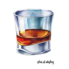 Transparent glass with whiskey isolated on white background. Painted in watercolor element for the design of fabrics, wallpapers, postcards