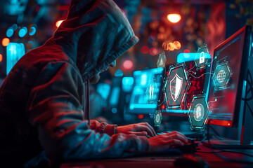 hacker and computer with a glowing cybersecurity icons and red digital background. cybersecurity and hacker concept.