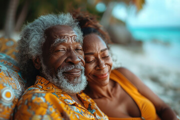 African American old couple in love lying on sandy beach on seashore
