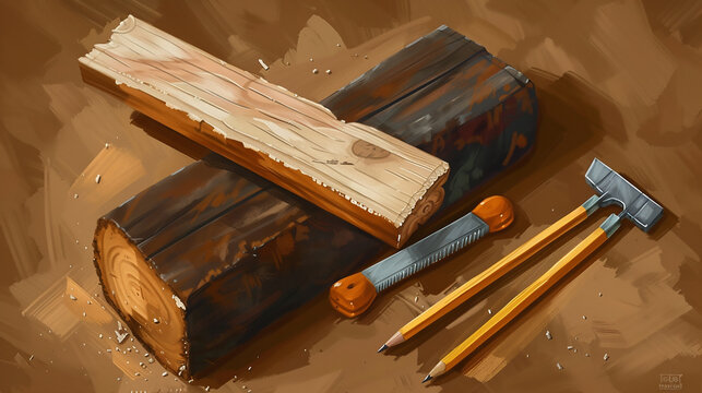 A bundle of lumber, a handsaw, and a carpenter's pencil on a brown background.