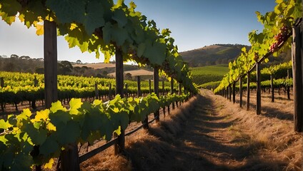 Naklejka premium vineyard at sunset, Amidst the rolling vineyards of the Adelaide Hills