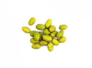 Pile of wasabi coated peanuts isolated on white. 