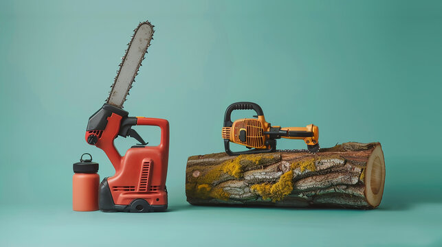 A chainsaw, a fuel canister, and a log splitter on a green background.