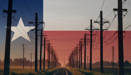 Electricity in the Texas. Electric poles on the background of the Texas flag. Texas flag and Electric poles.