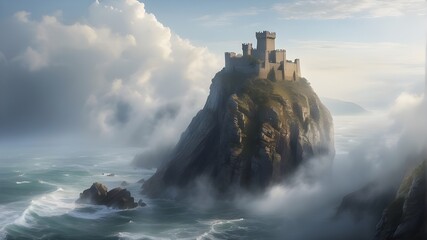 An ancient castle perched atop a mist-covered cliff overlooks a turbulent sea."