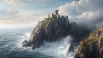 An ancient castle perched atop a mist-covered cliff overlooks a turbulent sea.