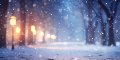 Naklejka premium Snowy Night in Park With Street Lights Generative AI