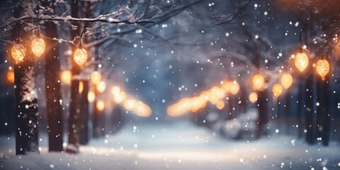 Obraz na płótnie Canvas Snowy Night With Street Lights and Trees Generative AI