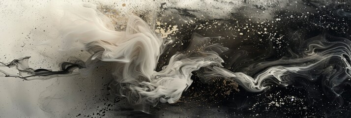 Ink abstraction of white gold and black flowing sand particles