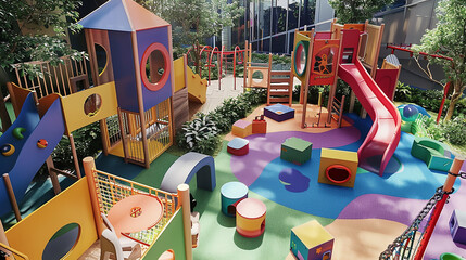 A Climbing Frame surrounded by colorful play equipment, creating a vibrant and engaging play area for children.