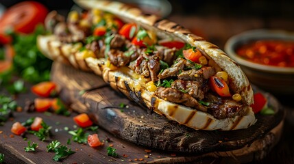 Sizzling shawarma sandwich with vibrant ingredients perfect for menu advertising. Concept Food Photography, Shawarma Sandwich, Colorful Ingredients, Appetizing Presentation, Menu Advertising