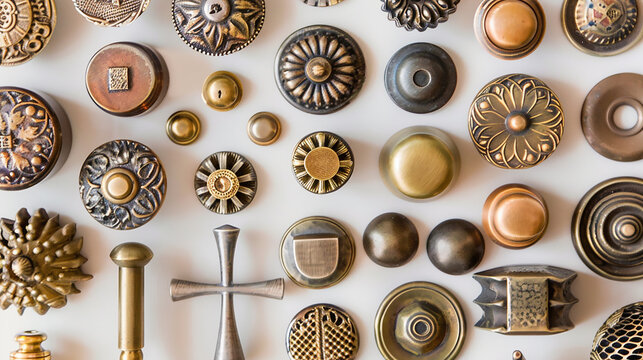 A collection of brass drawer pulls and knobs, showcasing different designs and finishes.