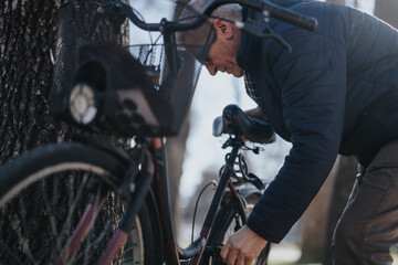 Senior man in winter jacket performing maintenance on bicycle outdoors.