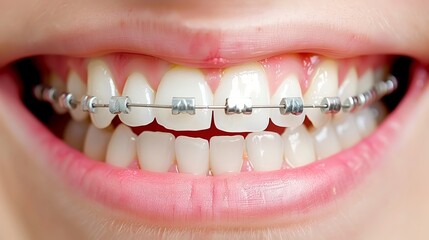 Close up of teeth with braces, orthodontic treatment for straightening teeth in young person