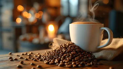 Tuinposter Tasty coffee in a cup on a table with coffee beans scattered around it © Alvaro
