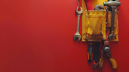 A construction worker's tool belt with various tools hanging on a hook against a red background. - Powered by Adobe
