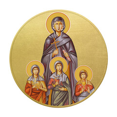 Orthodox traditional image of Saint Sophia. Golden christian medallion in Byzantine style on white background