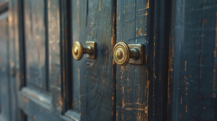 Fototapeta premium A cupboard door with a brass handle, highlighting its durability and classic charm.