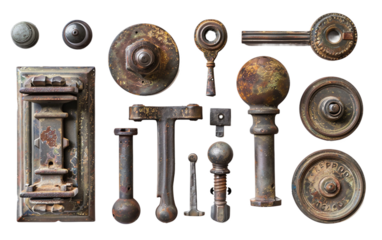 A Collection of Old Doorknobs and Hardware Ready for Rebirth Isolated on Transparent Background PNG.