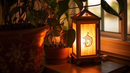A custom night light shaped like a lantern, personalized with a couple's initials, glowing softly to create a warm and intimate ambiance.