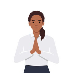 Illustration of a woman asking for a request. Woman feeling sorry concept. Flat vector illustration isolated on white background