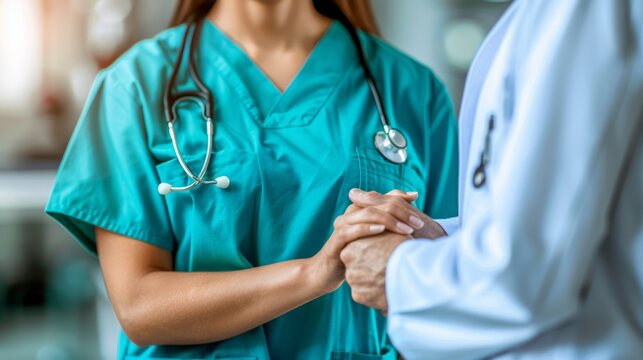 Nurse demonstrating empathy and trust by holding patient s hand for support and healthcare advice