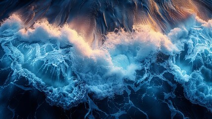 Ocean waves crashing on a black sandy beach with beautiful evening sunlight, Sea water texture, Aerial view of the ocean wave, Blue water background, World ocean day concept, AI generated - obrazy, fototapety, plakaty