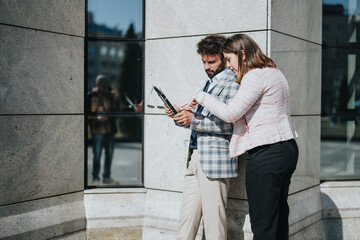 A young male and female business duo discuss strategies holding a tablet, in an urban cityscape during an informal outdoor meeting.