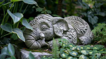A hand-carved stone sculpture of an animal, placed among the foliage in a garden, blending art with nature.