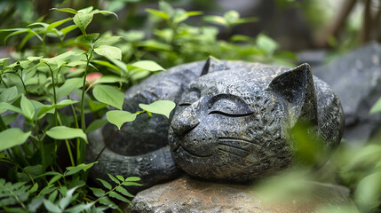 Obraz premium A hand-carved stone sculpture of an animal, placed among the foliage in a garden, blending art with nature.