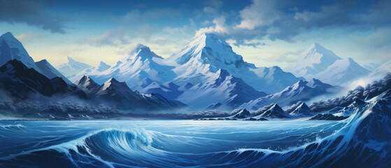Serenity in Blue Waves Meeting Snow Capped