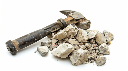 A jackhammer and a pile of rubble on a white background.
