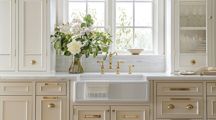 A kitchen cabinet with brass handles, creating a chic and timeless look in the room.