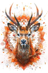 Muurstickers Watercolor mandala deer on white background © Watercolor art