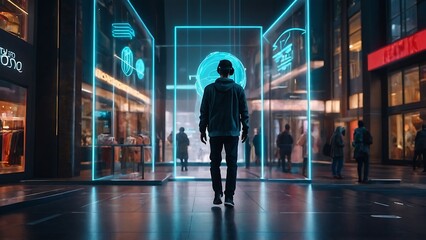 AR Future city concept, Urban Night Life with People Walking, Smiling, and Reflecting City Vibes, Photo realistic style, Metaverse concept with AR, VR, MR, modern style, cyberpunk , supermarket - obrazy, fototapety, plakaty