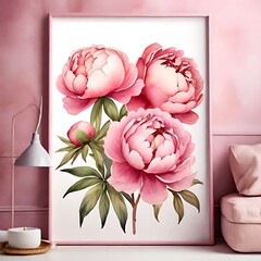  Pink peonies. Watercolor wall art, printable floral poster, vertical home decor for living room