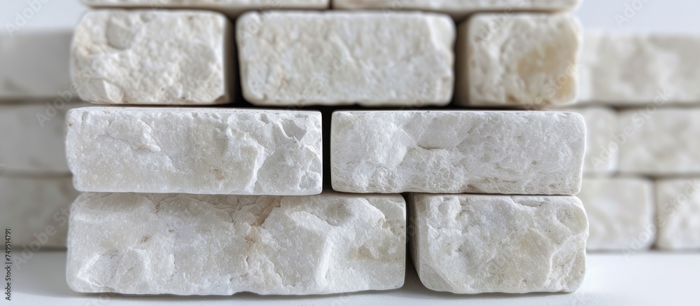 Poster a close-up view of a stack of white marble blocks arranged neatly on top of each other. the smooth s
