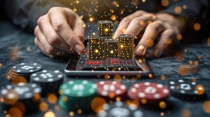 casino, gambling, entertainment and people concept - close up of woman with casino chips and smartphone. Online Casino and Betting Concept with Copy Space. Gambling Concept.