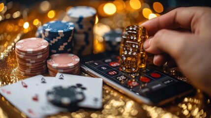 Poker chips and cards on a golden background. Gambling. Online Casino and Betting Concept with Copy Space. Gambling Concept.