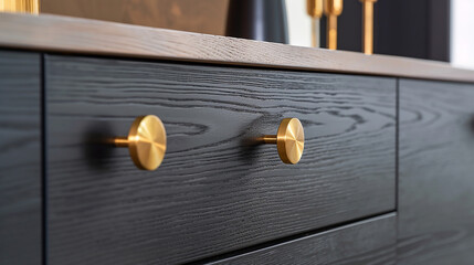 A modern cabinet with brass drawer pulls, showcasing a contemporary and stylish design.