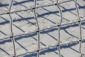 woven wire covered in ice