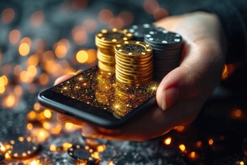 Woman holding smartphone with golden casino chips and bokeh lights background. Online Casino and Betting Concept with Copy Space. Gambling Concept.