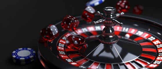 Casino roulette wheel with red dice. Online Casino and Betting Concept with Copy Space. Gambling Concept.