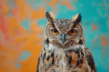 Owl with an expressive face against a brightly colored background Capturing a mix of curiosity and wisdom