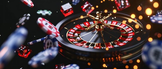 Casino theme. Roulette wheel and chips on black background. 3d illustration. Online Casino and Betting Concept with Copy Space. Gambling Concept. - obrazy, fototapety, plakaty