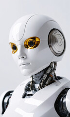 A sophisticated humanoid robot stands against a stark white background. The glossy black and white exterior reflects advanced technology and design.