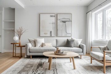 Naklejka na ściany i meble Scandinavian living room design Minimalist aesthetic Natural light Functional furniture Modern home decor