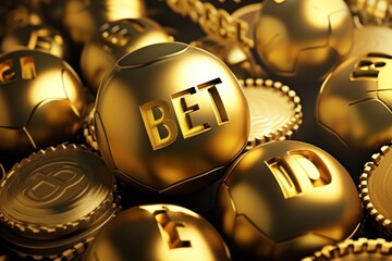 Gold soccer ball with the word bet on a dark background. 3D illustration. Online Casino and Betting Concept with Copy Space. Gambling Concept.