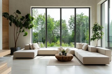 Stylish minimalist living room with large windows Natural light And a splash of green from indoor plants