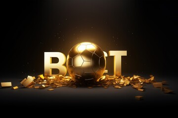 Soccer ball and golden word bet on dark background. 3D illustration. Online Casino and Betting Concept with Copy Space. Gambling Concept.